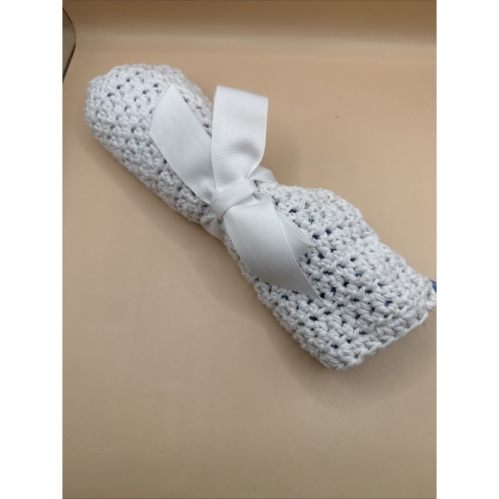 Handmade Set of 2 Crochet Cotton Dish/Wash Cloths 10 X 9" Light Blue & White